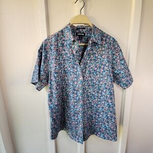 Lands End No Iron Supima Cotton Short Sleeve Button Up Blue Floral Size 12